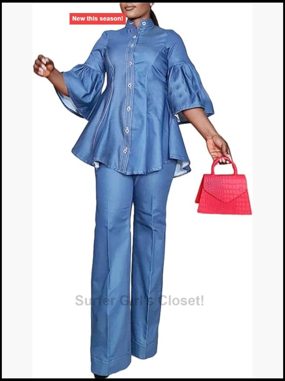 Denim 2 Piece Outfits Flared Sleeve Button Down Shirt and Straight Long Pants